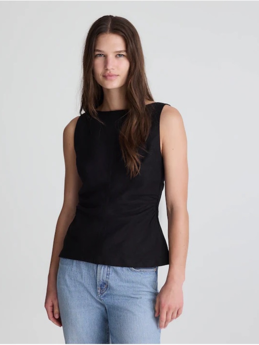 NWT Madewell Linen 100% Cinched Boatneck Sleeveless Top Black Size 10